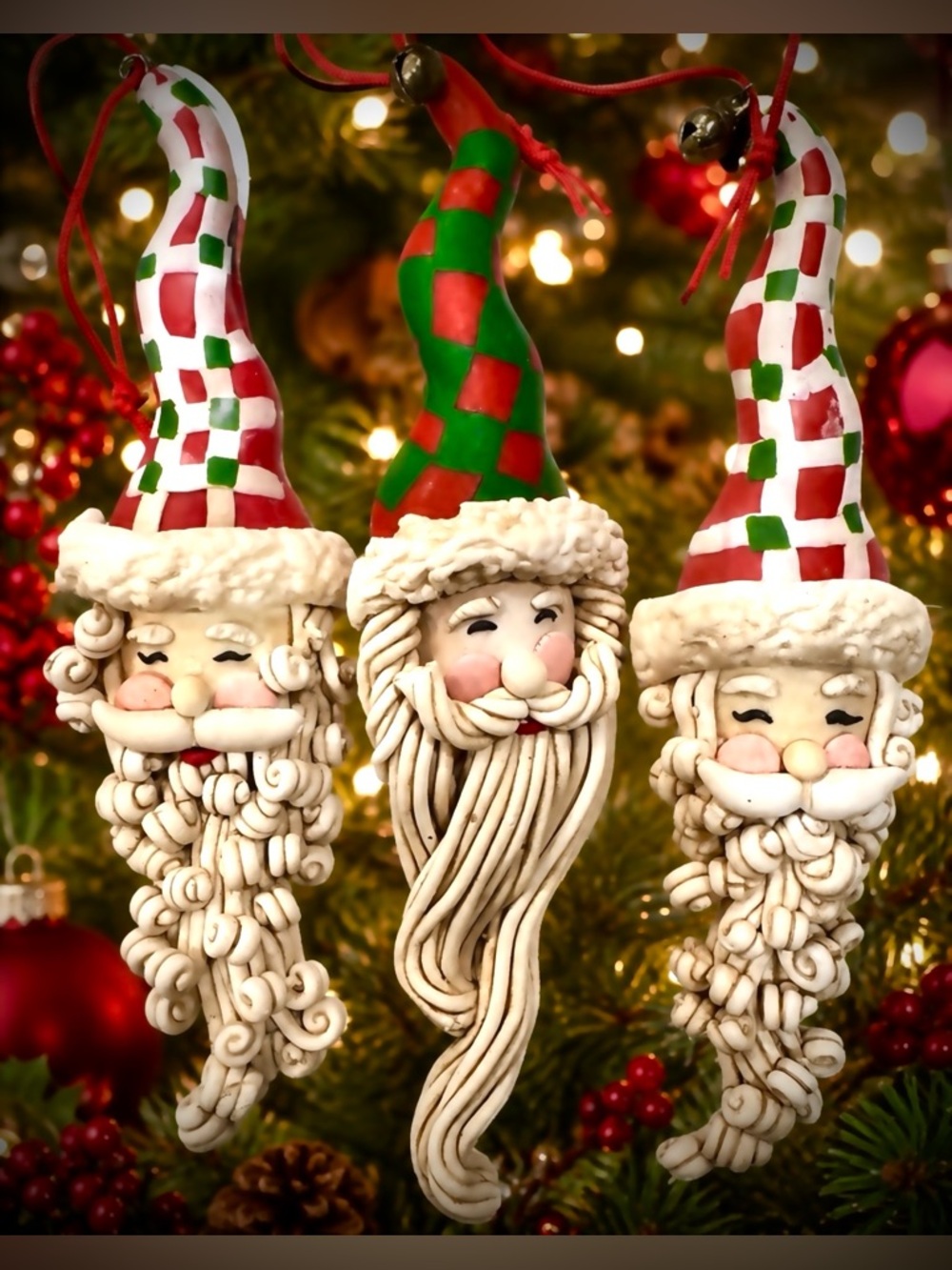 Whimsical Handcrafted Red & Green Checkered Santa Head Ornaments